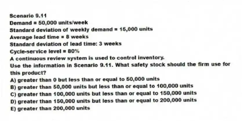 Scenario 9.11
Demand = 50,000 units/week
Standard deviation of weekly demand = 15,000 units
Average lead time = 8 weeks
Standard deviation of lead time: 3 weeks
Cycle-service level = 80%
A continuous review system is used to control inventory.
-Use the information in Scenario 9.11. What safety stock should the firm use for this product?
A) greater than 0 but less than or equal to 50,000 units
B) greater than 50,000 units but less than or equal to 100,000 units
C) greater than 100,000 units but less than or equal to 150,000 units
D) greater than 150,000 units but less than or equal to 200,000 units
E) greater than 200,000 units
