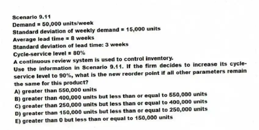 Scenario 9.11
Demand = 50,000 units/week
Standard deviation of weekly demand = 15,000 units
Average lead time = 8 weeks
Standard deviation of lead time: 3 weeks
Cycle-service level = 80%
A continuous review system is used to control inventory.
-Use the information in Scenario 9.11. If the firm decides to increase its cycle-service level to 90%, what is the new reorder point if all other parameters remain the same for this product?
A) greater than 550,000 units
B) greater than 400,000 units but less than or equal to 550,000 units
C) greater than 250,000 units but less than or equal to 400,000 units
D) greater than 150,000 units but less than or equal to 250,000 units
E) greater than 0 but less than or equal to 150,000 units

