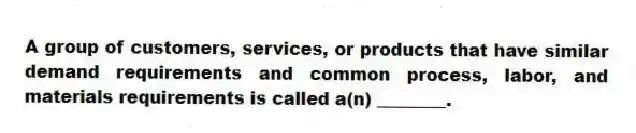 A group of customers, services, or products that have similar demand requirements and common process, labor, and materials requirements is called a(n) ________.