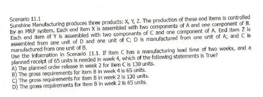 Scenario 11.1
Sunshine Manufacturing produces three products: X, Y, Z. The production of these end items is controlled by an MRP system. Each end item X is assembled with two components of A and one component of B. Each end item of Y is assembled with two components of C and one component of A. End item Z is assembled from one unit of D and one unit of C; D is manufactured from one unit of A; and C is manufactured from one unit of B.
-Use the information in Scenario 11.1. If item C has a manufacturing lead time of two weeks, and a planned receipt of 65 units is needed in week 4, which of the following statements is True?
A) The planned order release in week 2 for item C is 130 units.
B) The gross requirements for item B in week 4 is 65 units.
C) The gross requirements for item B in week 2 is 130 units.
D) The gross requirements for item B in week 2 is 65 units.