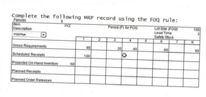 Complete the following MRP record using the FOQ rule:
 