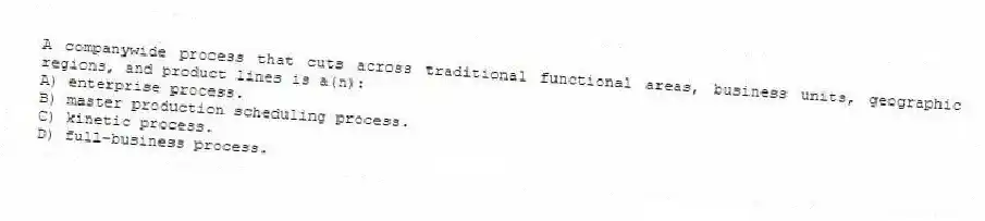 A companywide process that cuts across traditional functional areas, business units, geographic regions, and product lines is a(n):
A) enterprise process.
B) master production scheduling process.
C) kinetic process.
D) full-business process.