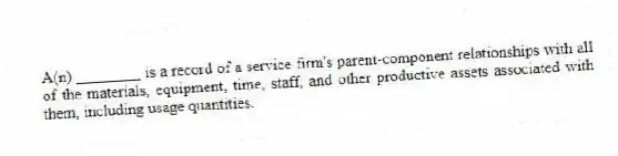 A(n) ________ is a record of a service firm's parent-component relationships with all of the materials, equipment, time, staff, and other productive assets associated with them, including usage quantities.