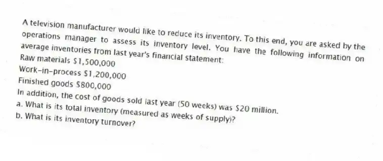 A television manufacturer would like to reduce its inventory. To this end, you are asked by the operations manager to assess its inventory level. You have the following information on average inventories from last year's financial statement:
Raw materials $1,500,000
Work-in-process $1,200,000
Finished goods $800,000
In addition, the cost of goods sold last year (50 weeks) was $20 million.
a. What is its total inventory (measured as weeks of supply)?
b. What is its inventory turnover?