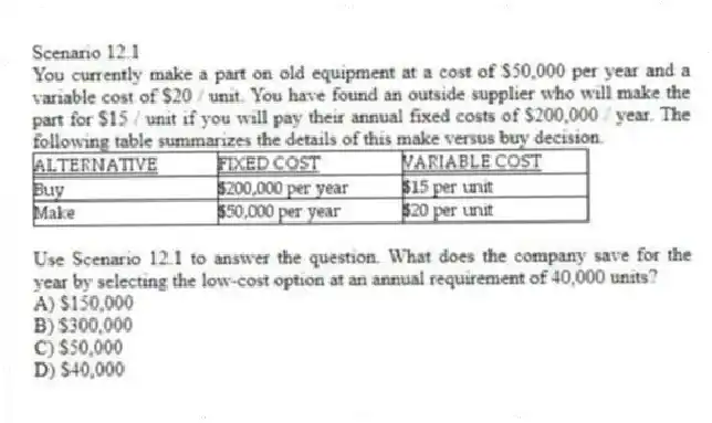 Scenario 12.1
You currently make a part on old equipment at a cost of $50,000 per year and a variable cost of $20 / unit. You have found an outside supplier who will make the part for $15 / unit if you will pay their annual fixed costs of $200,000 / year. The following table summarizes the details of this make versus buy decision.
-Use Scenario 12.1 to answer the question. What does the company save for the year by selecting the low-cost option at an annual requirement of 40,000 units?
A) $150,000
B) $300,000
C) $50,000
D) $40,000