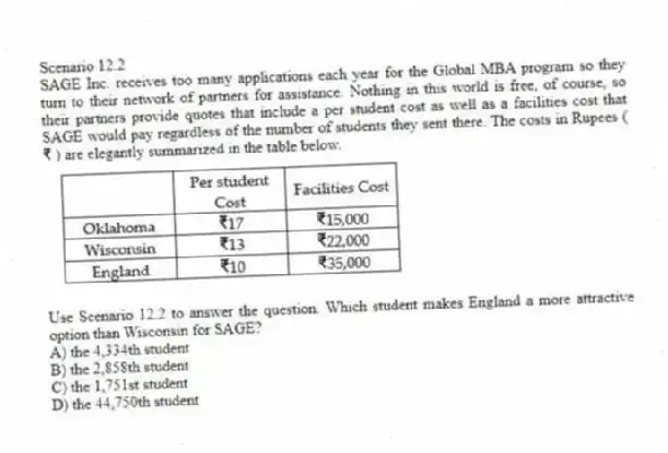 Scenario 12.2
SAGE Inc. receives too many applications each year for the Global MBA program so they turn to their network of partners for assistance. Nothing in this world is free, of course, so their partners provide quotes that include a per student cost as well as a facilities cost that SAGE would pay regardless of the number of students they sent there. The costs in Rupees ( ) are elegantly summarized in the table below.
-Use Scenario 12.2 to answer the question. Which student makes England a more attractive option than Wisconsin for SAGE?
A) the 4,334th student
B) the 2,858th student
C) the 1,751st student
D) the 44,750th student