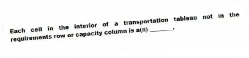 Each cell in the interior of a transportation tableau not in the requirements row or capacity column is a(n) ________.