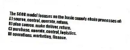 The SCOR model focuses on the basic supply chain processes of:
A) source, control, operate, return.
B) plan source, make deliver, return.
C) purchase, operate, control, logistics.
D) operations, marketing, finance.