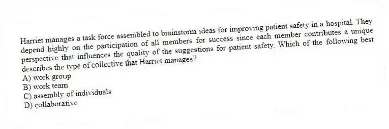 Harriet manages a task force assembled to brainstorm ideas for improving patient safety in a hospital. They depend highly on the participation of all members for success since each member contributes a unique perspective that influences the quality of the suggestions for patient safety. Which of the following best describes the type of collective that Harriet manages?
A) work group
B) work team
C) assembly of individuals
D) collaborative