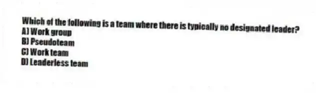 Which of the following is a team where there is typically no designated leader?
A) Work group
B) Pseudoteam
C) Work team
D) Leaderless team