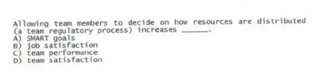 Allowing team members to decide on how resources are distributed (a team regulatory process) increases ______.
A) SMART goals
B) job satisfaction
C) team performance
D) team satisfaction