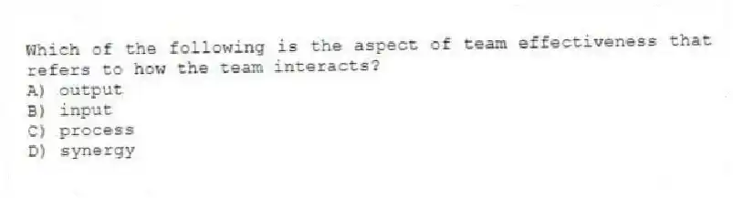 Which of the following is the aspect of team effectiveness that refers to how the team interacts?
A) output
B) input
C) process
D) synergy