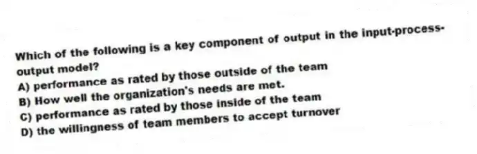 Which of the following is a key component of output in the input-process-output model?
A) performance as rated by those outside of the team
B) How well the organization's needs are met.
C) performance as rated by those inside of the team
D) the willingness of team members to accept turnover