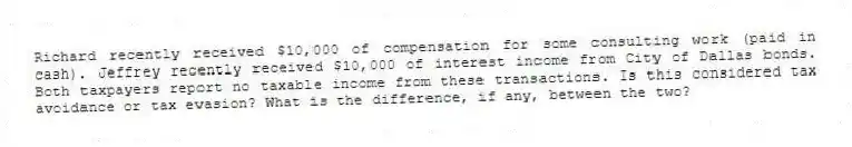 Richard recently received $10,000 of compensation for some consulting work (paid in cash). Jeffrey recently received $10,000 of interest income from City of Dallas bonds. Both taxpayers report no taxable income from these transactions. Is this considered tax avoidance or tax evasion? What is the difference, if any, between the two?