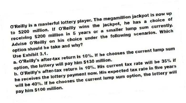 O'Reilly is a masterful lottery player. The megamillion jackpot is now up to $200 million. If O'Reilly wins the jackpot, he has a choice of receiving $200 million in 5 years or a smaller lump sum currently. Advise O'Reilly on his choice under the following scenarios. Which option should he take and why?
Use Exhibit 3.1.
a. O'Reilly's after-tax return is 10%. If he chooses the current lump sum option, the lottery will pay him $130 million.
b. O'Reilly's after-tax return is 10%. His current tax rate will be 35% if he receives the lottery payment now. His expected tax rate in five years will be 40%. If he chooses the current lump sum option, the lottery will pay him $100 million.