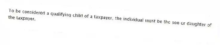 To be considered a qualifying child of a taxpayer, the individual must be the son or daughter of the taxpayer.
