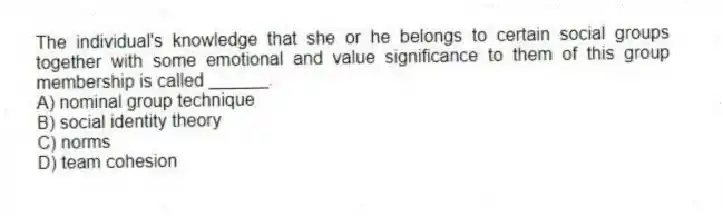 The individual's knowledge that she or he belongs to certain social groups together with some emotional and value significance to them of this group membership is called ______.
A) nominal group technique
B) social identity theory
C) norms
D) team cohesion