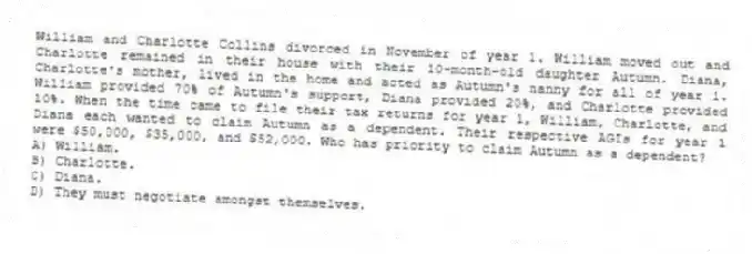 William and Charlotte Collins divorced in November of year 1. William moved out and Charlotte remained in their house with their 10-month-old daughter Autumn. Diana, Charlotte's mother, lived in the home and acted as Autumn's nanny for all of year 1. William provided 70% of Autumn's support, Diana provided 20%, and Charlotte provided 10%. When the time came to file their tax returns for year 1, William, Charlotte, and Diana each wanted to claim Autumn as a dependent. Their respective AGIs for year 1 were $50,000, $35,000, and $52,000. Who has priority to claim Autumn as a dependent?
A) William.
B) Charlotte.
C) Diana.
D) They must negotiate amongst themselves.