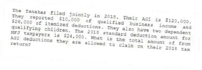 The Tanakas filed jointly in 2018. Their AGI is $120,000. They reported $10,000 of qualified business income and $26,000 of itemized deductions. They also have two dependent qualifying children. The 2018 standard deduction amount for MFJ taxpayers is $24,000. What is the total amount of from AGI deductions they are allowed to claim on their 2018 tax return?