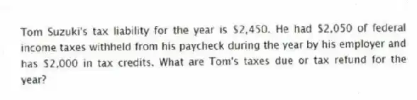 Tom Suzuki's tax liability for the year is $2,450. He had $2,050 of federal income taxes withheld from his paycheck during the year by his employer and has $2,000 in tax credits. What are Tom's taxes due or tax refund for the year?