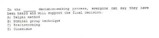 In the ______ decision-making process, everyone can say they have been heard and will support the final decision.
A) Delphi method
B) Nominal group technique
C) Brainstorming
D) Consensus
