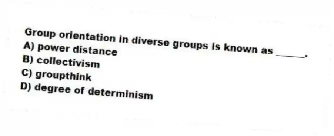 Group orientation in diverse groups is known as ______.
A) power distance
B) collectivism
C) groupthink
D) degree of determinism