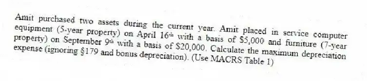Amit purchased two assets during the current year. Amit placed in service computer equipment (5-year property) on April 16ᵗʰ with a basis of $5,000 and furniture (7-year property) on September 9ᵗʰ with a basis of $20,000. Calculate the maximum depreciation expense (ignoring §179 and bonus depreciation). (Use MACRS Table 1)