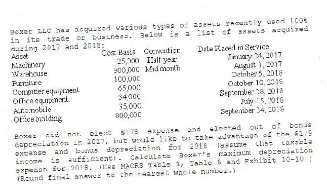 Boxer LLC has acquired various types of assets recently used 100% in its trade or business. Below is a list of assets acquired during 2017 and 2018:
Boxer did not elect §179 expense and elected out of bonus depreciation in 2017, but would like to take advantage of the §179 expense and bonus depreciation for 2018 (assume that taxable income is sufficient). Calculate Boxer's maximum depreciation expense for 2018. (Use MACRS Table 1, Table 5 and Exhibit 10-10 ) (Round final answer to the nearest whole number.)