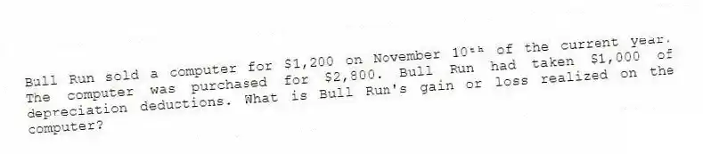 Bull Run sold a computer for $1,200 on November 10ᵗʰ of the current year. The computer was purchased for $2,800. Bull Run had taken $1,000 of depreciation deductions. What is Bull Run's gain or loss realized on the computer?
