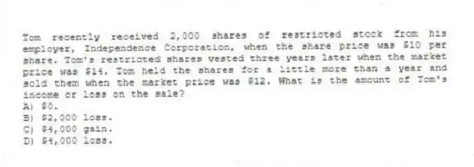 Tom recently received 2,000 shares of restricted stock from his employer, Independence Corporation, when the share price was $10 per share. Tom's restricted shares vested three years later when the market price was $14. Tom held the shares for a little more than a year and sold them when the market price was $12. What is the amount of Tom's income or loss on the sale?
A) $0.
B) $2,000 loss.
C) $4,000 gain.
D) $4,000 loss.