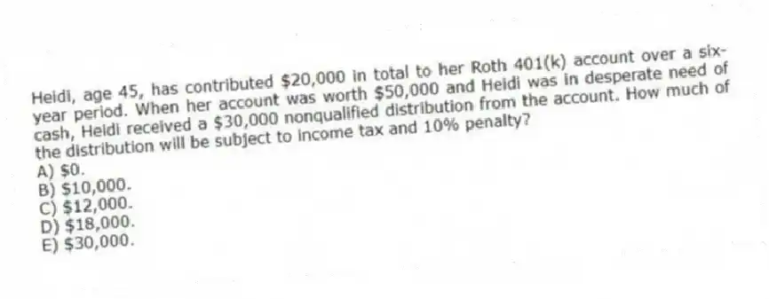 Heidi, age 45, has contributed $20,000 in total to her Roth 401(k) account over a six-year period. When her account was worth $50,000 and Heidi was in desperate need of cash, Heidi received a $30,000 nonqualified distribution from the account. How much of the distribution will be subject to income tax and 10% penalty?
A) $0.
B) $10,000.
C) $12,000.
D) $18,000.
E) $30,000.