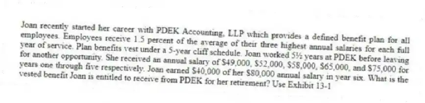 Joan recently started her career with PDEK Accounting, LLP which provides a defined benefit plan for all employees. Employees receive 1.5 percent of the average of their three highest annual salaries for each full year of service. Plan benefits vest under a 5-year cliff schedule. Joan worked 5½ years at PDEK before leaving for another opportunity. She received an annual salary of $49,000, $52,000, $58,000, $65,000, and $75,000 for years one through five respectively. Joan earned $40,000 of her $80,000 annual salary in year six. What is the vested benefit Joan is entitled to receive from PDEK for her retirement? Use Exhibit 13-1