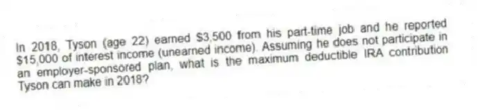 In 2018, Tyson (age 22) earned $3,500 from his part-time job and he reported $15,000 of interest income (unearned income). Assuming he does not participate in an employer-sponsored plan, what is the maximum deductible IRA contribution Tyson can make in 2018?