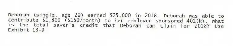 Deborah (single, age 29) earned $25,000 in 2018. Deborah was able to contribute $1,800 ($150/month) to her employer sponsored 401(k). What is the total saver's credit that Deborah can claim for 2018? Use Exhibit 13-9