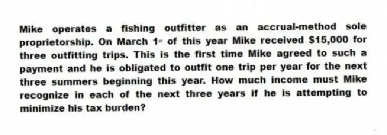 Mike operates a fishing outfitter as an accrual-method sole proprietorship. On March 1ˢᵗ of this year Mike received $15,000 for three outfitting trips. This is the first time Mike agreed to such a payment and he is obligated to outfit one trip per year for the next three summers beginning this year. How much income must Mike recognize in each of the next three years if he is attempting to minimize his tax burden?