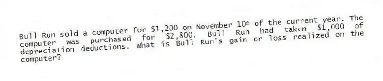 Bull Run sold a computer for $1,200 on November 10ᵗʰ of the current year. The computer was purchased for $2,800. Bull Run had taken $1,000 of depreciation deductions. What is Bull Run's gain or loss realized on the computer?