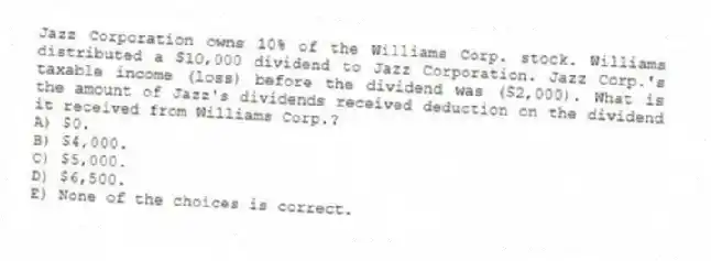 Jazz Corporation owns 10% of the Williams Corp. stock. Williams distributed a $10,000 dividend to Jazz Corporation. Jazz Corp.'s taxable income (loss) before the dividend was ($2,000). What is the amount of Jazz's dividends received deduction on the dividend it received from Williams Corp.?
A) $0.
B) $4,000.
C) $5,000.
D) $6,500.
E) None of the choices is correct.