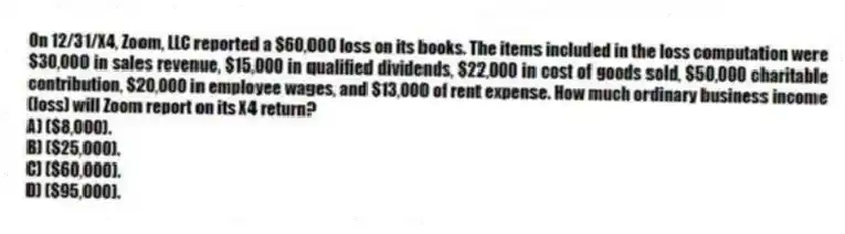 On 12/31/X4, Zoom, LLC reported a $60,000 loss on its books. The items included in the loss computation were $30,000 in sales revenue, $15,000 in qualified dividends, $22,000 in cost of goods sold, $50,000 charitable contribution, $20,000 in employee wages, and $13,000 of rent expense. How much ordinary business income (loss) will Zoom report on its X4 return?
A) ($8,000).
B) ($25,000).
C) ($60,000).
D) ($95,000).