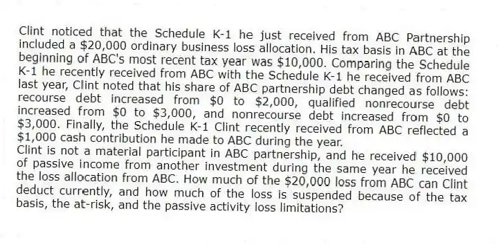 Clint noticed that the Schedule K-1 he just received from ABC Partnership included a $20,000 ordinary business loss allocation. His tax basis in ABC at the beginning of ABC's most recent tax year was $10,000. Comparing the Schedule K-1 he recently received from ABC with the Schedule K-1 he received from ABC last year, Clint noted that his share of ABC partnership debt changed as follows: recourse debt increased from $0 to $2,000, qualified nonrecourse debt increased from $0 to $3,000, and nonrecourse debt increased from $0 to $3,000. Finally, the Schedule K-1 Clint recently received from ABC reflected a $1,000 cash contribution he made to ABC during the year.
Clint is not a material participant in ABC partnership, and he received $10,000 of passive income from another investment during the same year he received the loss allocation from ABC. How much of the $20,000 loss from ABC can Clint deduct currently, and how much of the loss is suspended because of the tax basis, the at-risk, and the passive activity loss limitations?