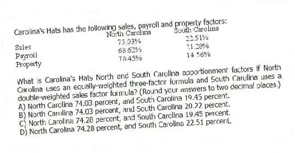 Carolina's Hats has the following sales, payroll and property factors:
What is Carolina's Hats North and South Carolina apportionment factors if North Carolina uses an equally-weighted three-factor formula and South Carolina uses a double-weighted sales factor formula? (Round your answers to two decimal places.)
A) North Carolina 74.03 percent, and South Carolina 19.45 percent.
B) North Carolina 74.03 percent, and South Carolina 20.22 percent.
C) North Carolina 74.28 percent, and South Carolina 19.45 percent.
D) North Carolina 74.28 percent, and South Carolina 22.51 percent.