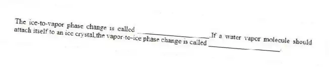 The ice-to-vapor phase change is called ____________________.If a water vapor molecule should attach itself to an ice crystal,the vapor-to-ice phase change is called ____________________.