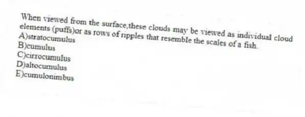 When viewed from the surface,these clouds may be viewed as individual cloud elements (puffs)or as rows of ripples that resemble the scales of a fish.
A)stratocumulus
B)cumulus
C)cirrocumulus
D)altocumulus
E)cumulonimbus