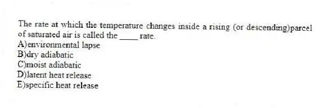 The rate at which the temperature changes inside a rising (or descending)parcel of saturated air is called the ____ rate.
A)environmental lapse
B)dry adiabatic
C)moist adiabatic
D)latent heat release
E)specific heat release