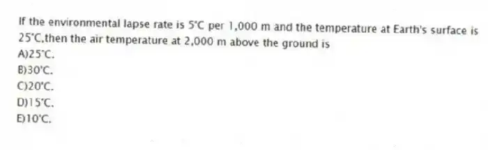 If the environmental lapse rate is 5°C per 1,000 m and the temperature at Earth's surface is 25°C,then the air temperature at 2,000 m above the ground is
A)25°C.
B)30°C.
C)20°C.
D)15°C.
E)10°C.
