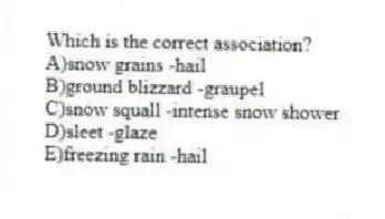 Which is the correct association?
A)snow grains -hail
B)ground blizzard -graupel
C)snow squall -intense snow shower
D)sleet -glaze
E)freezing rain -hail