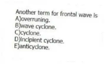 Another term for frontal wave is
A)overruning.
B)wave cyclone.
C)cyclone.
D)incipient cyclone.
E)anticyclone.