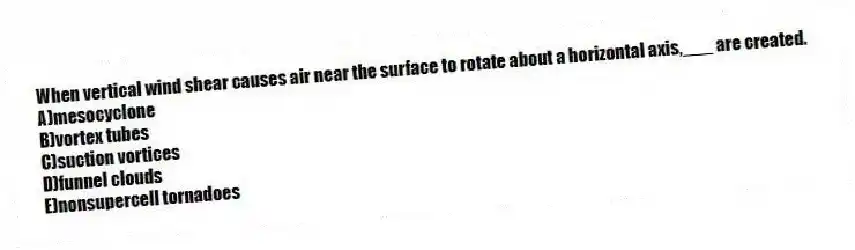 When vertical wind shear causes air near the surface to rotate about a horizontal axis,___ are created.
A)mesocyclone
B)vortex tubes
C)suction vortices
D)funnel clouds
E)nonsupercell tornadoes