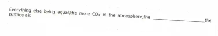 Everything else being equal,the more CO₂ in the atmosphere,the ____________________the surface air.