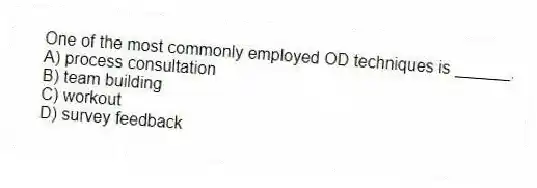One of the most commonly employed OD techniques is ______.
A) process consultation
B) team building
C) workout
D) survey feedback