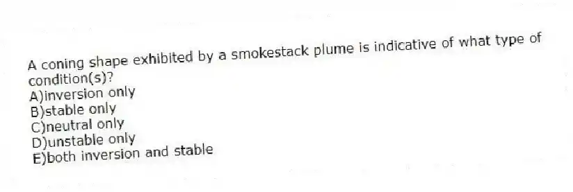 A coning shape exhibited by a smokestack plume is indicative of what type of condition(s)?
A)inversion only
B)stable only
C)neutral only
D)unstable only
E)both inversion and stable